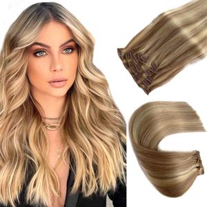 Clip in Hair Extensions Real Human Hair, Golden Brown Balayage Blonde Highlights Real Hair Extensions Clip ins, 7 Pieces 70G Human Hair Extensions Clip in Human Hair Double Wefts Clip Hair 16 Inch (#12-613)