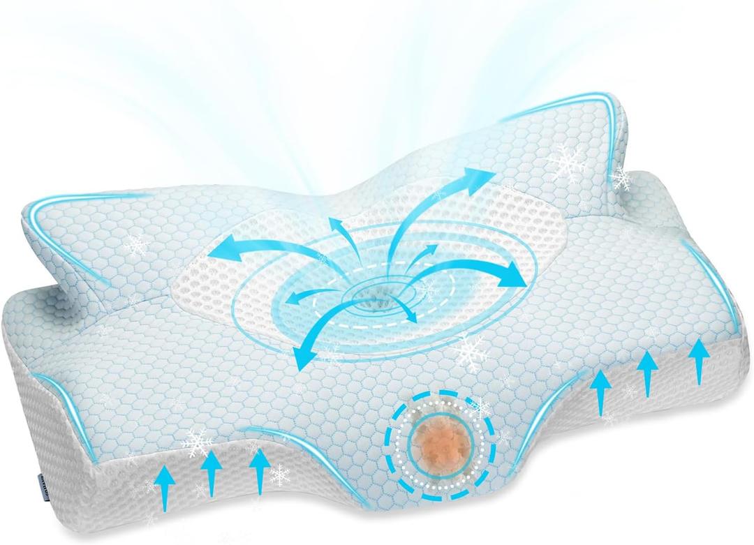 Elviros Cervical Memory Foam Pillows for Neck and Shoulder Pain, Ergonomic Orthopedic Sleeping Support Pillow for Side Sleepers, Back and Stomach Sleepers (Small) (Small 21.2Lx13Wx(3.54"-4.3")H, Bule)