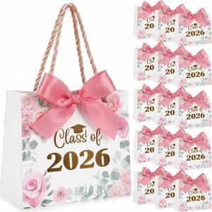Yexiya 40 Pack Graduation Gift Bags Bulk Class of 2026 Pink Floral Graduation Party Bags 5.5" Congrats Grad Treat Bag for Gifts with Handles and Bow Ribbon Grad Paper Treat Gifts for Party