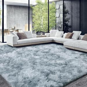 HOMBYS Shaggy Area Rug 10x14 Feet, Ultra Fuzzy Large Plush Faux Fur Carpet for Living Room Bedroom, Non-Skid Fuzzy Rug for Kids Playroom Home Decor, (Light Grey Tie Dye)