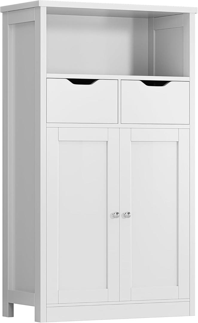 Shintenchi Floor Storage Cabinet, Bathroom Organizer with Doors and Drawers, Freestanding Side Cupboard Pantry with Adjustable Shelf, White