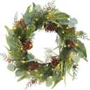 Pre Lit Christmas Wreath for Front Door Lighted Green Wreath Decorated with Pine Cones,Berry Clusters, Abundant Fit Branches 18 Christmas Wreaths for Windows Winter Wreath Hanging Wall Decor (18" Battery Powered #01)