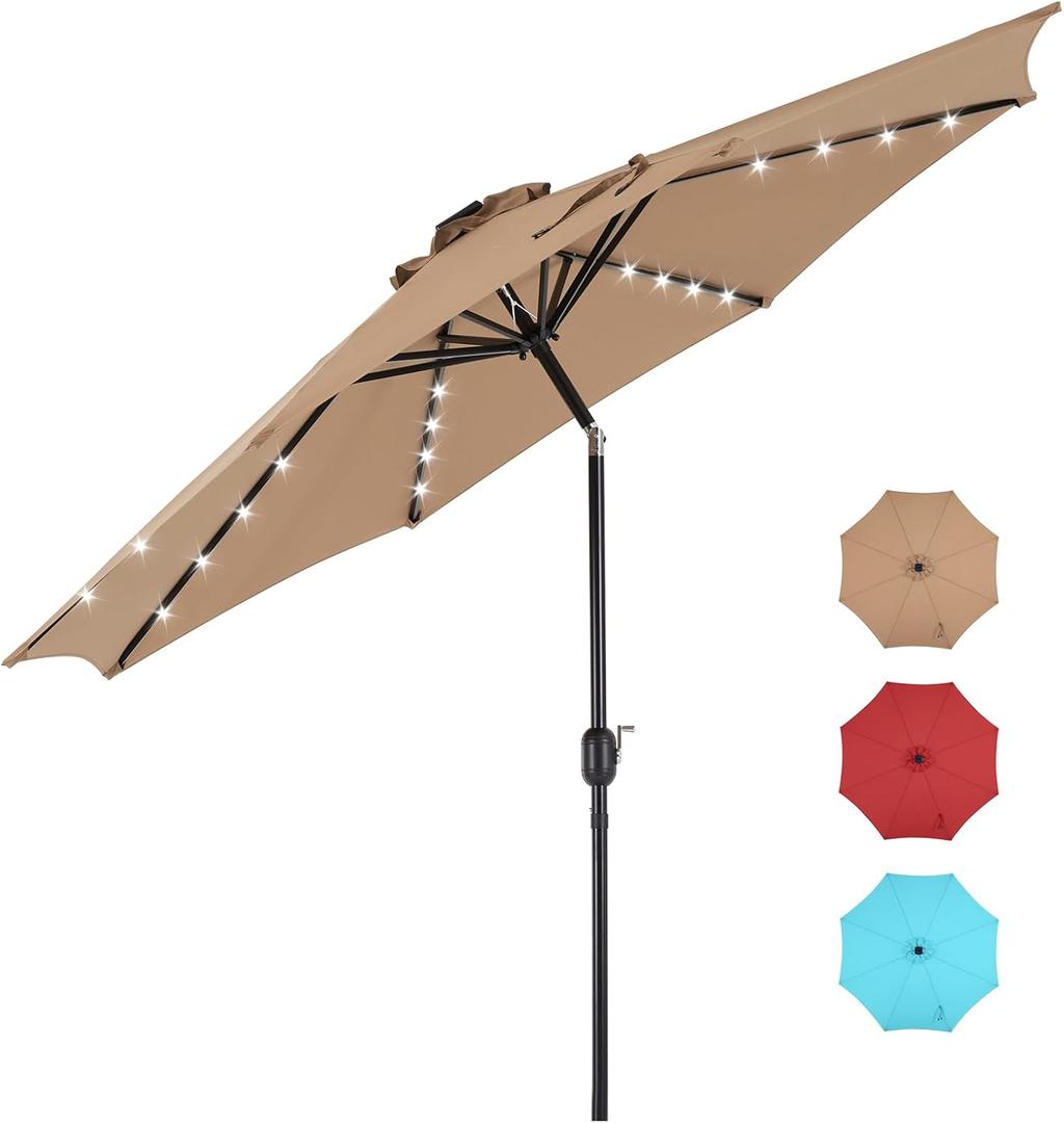 DUMOS 10 ft Patio Pool Umbrella with 32 LED Solar Lights, UV-Resistant Outdoor Table Umbrella with Tilt and Crank for Backyard, Deck, Garden, and Beach, Khaki DUMOS 10 ft Patio Pool Umbrella with 32 LED Solar Lights, UV-Resistant Outdoor Table Umbrella with Tilt and Crank for Backyard, Deck, Garden, and Beach, Khaki