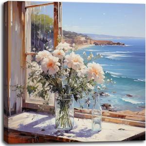 OKEXCKK Blue Ocean Beach Canvas Wall Art with White Flower Windowsill Picture Bathroom Wall Decor Seascape Poster Floral Painting Print Coastal Artwork for Living Room Bedroom 20"x20"