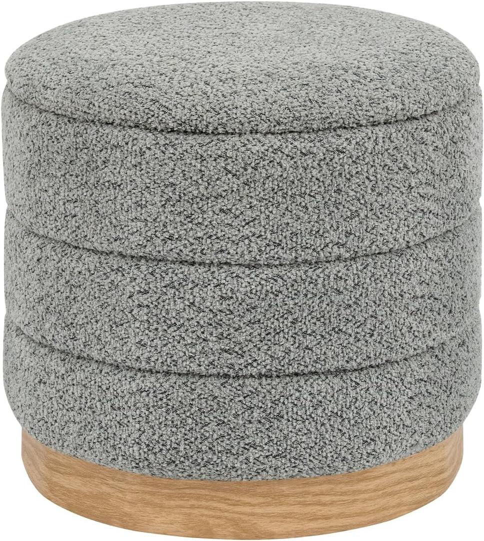 Round Storage Ottoman with Reversible Tray Lid, Folding Chenille Fabric Footrest with Hidden Storage, 15.4" Footstool for Small Spaces Living Room Bedroom, Wood Grain Base, Grey, 15.4"D x 15.4"W x 14.6"H