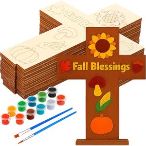 DoubleFill 12 Sets Religious Fall Blessing Wood Cross Craft to Paint for Kid Unfinished DIY Fall Cross Craft Kit for Painting Make Your Own Christian Thanksgiving Sunday School Church Classroom Autumn