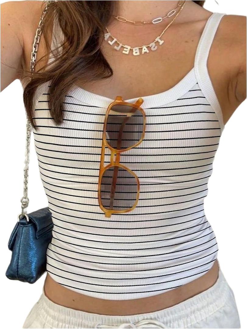 WDIRARA Women's Striped Camisole Top Sleeveless Scoop Neck Ribbed Knit Cami Tops (White, L)