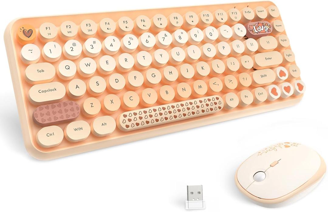LexonElec 308i Color Gradient Wireless Keyboard and Mouse Set, Retro Typewriter Keyboard with Cute Theme Round Keycaps for Mac/Windows/PC/Laptop(Milk Tea)