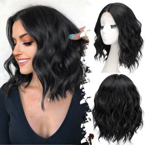 Black Short Wavy Wig for Women Lace Hairline Bob Style Synthetic Heat Resistant - Natural Appearance for Everyday Hairstyle 14 Inch