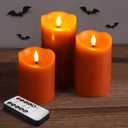 Burnt Orange Flameless Pillar Candles with Remote, Halloween Fall LED Candles Battery Operated, Real Wax Electric Candles Flickering Set of 3