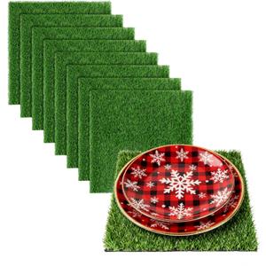 XLX TURF Artificial Grass Table Placemats Set of 8 Green Christmas Table Centerpiece Decor Football Golf Theme Birthday Square Turf Mat Baby Shower Wedding
