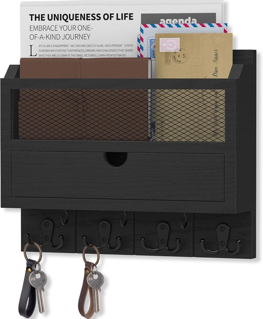 Nekon Mail Organizer with Drawer for Wall, 12"W x 10"H x 3.1"D Mail Sorter Wall Mounted, Wooden Key Holder Wall File Organizer Letter Sorter for Letter Magazines (Black)