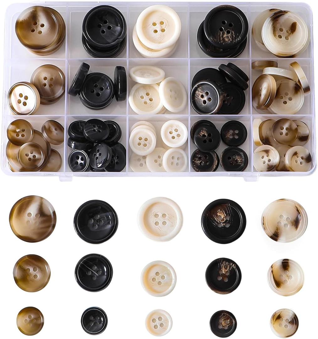 Resin Sewing Buttons, 110 Pieces, 4-Hole Round Buttons for Blazer Suit Coats,5 Color 3 Size 15mm/20mm/25mm