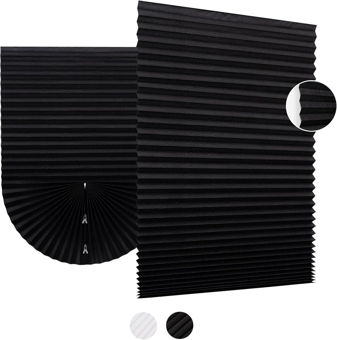 UrMoon Adhesive Temporary Pleated Shades 6 Packs Light Filtering Paper Pleated Blinds No Drill No Tools Cordless Shades for Indoor Cut to Size Window Blinds Shades for Home, 35.43"W X 70.86"H, Black