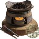 Cedar Aromatherapy Burner & Ceramic Oil Warmer for Home & Office (Heat-Resistant Tile Baking Tray + Stone-Patterned Oven + Old elm Wood mat + Accessories)