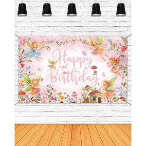 Mocsicka Fairy Birthday Backdrop Banner Pink Little Fairy Happy Birthday Party Decorations Banner for Girls Spring Magic Forest Princess Birthday Photography Background (Pink, 70.8 x 43.3 Inch)