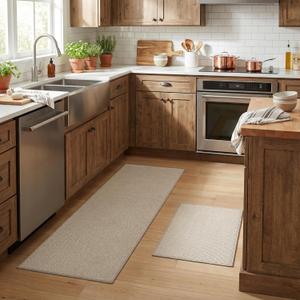 GRANNY SAYS Kitchen Mats for Floor, Kitchen Rugs Sets of 2 Non Slip Washable, Absorbent Kitchen Runner Rugs, 1730 + 1747 Anti Fatigue Kitchen Floor Mat 2 Piece with Rubber Backing, Tan