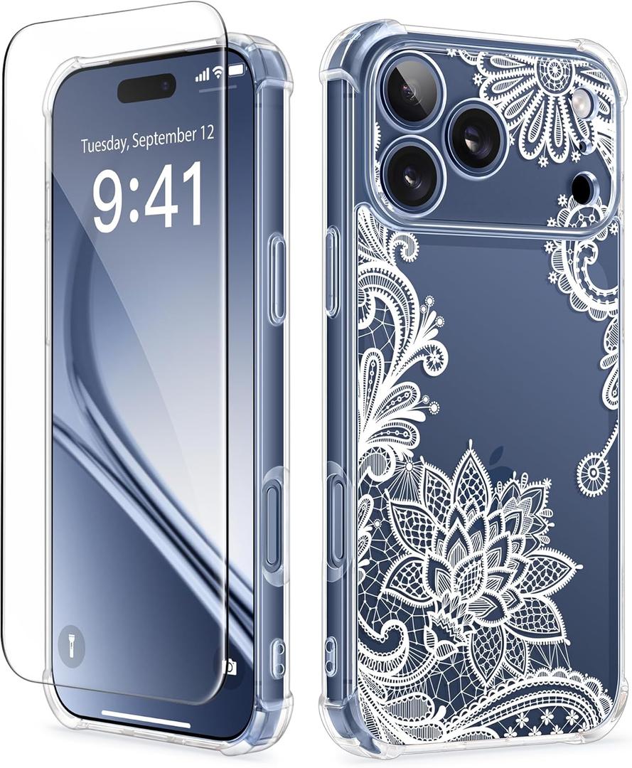 GVIEWIN for iPhone 17 Pro Max Case, with Screen Protector+Full Camera Protection, [NonYellowing] Clear Floral Slim Shockproof Protective Women Phone Case for iPhone 17 Pro Max 6.9", Coral Lotus/White