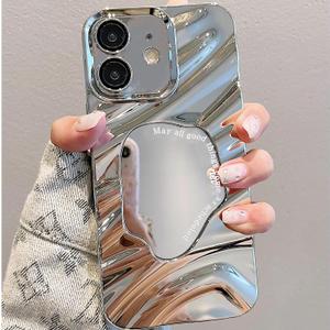 Mirror Case for iPhone Xs Max, Built-in Make up Mirror, Water Ripple Pattern, Fashion Luxury Plating, for Women and Girls, Soft Flexible Wave Frame Shap, Silver