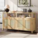 THINK 30 Bohemian Style Rattan Buffet Storage Cabinet with Solid Wood Frame, Sideboard with 3-Position Adjustable Shelves for Living & Dining Rooms, No-Handle Push-to-Open Design (Natural)