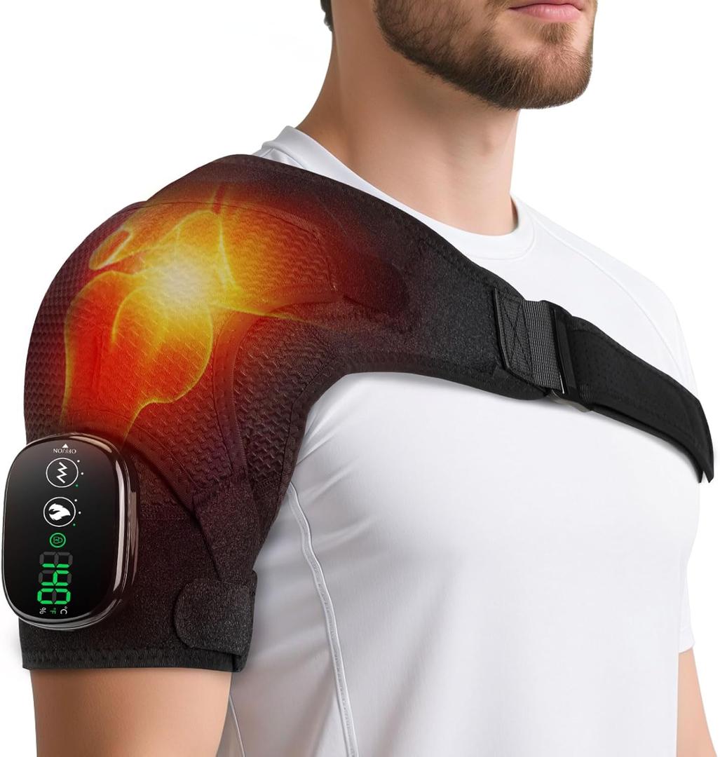 Cordless Shoulder Heating Pad with Vibration for Rotator Cuff Pain Relief, Heated Shoulder Massage Pad, Rotator Cuff Support Brace with 3 Heating Levels &3 Vibration (Black)