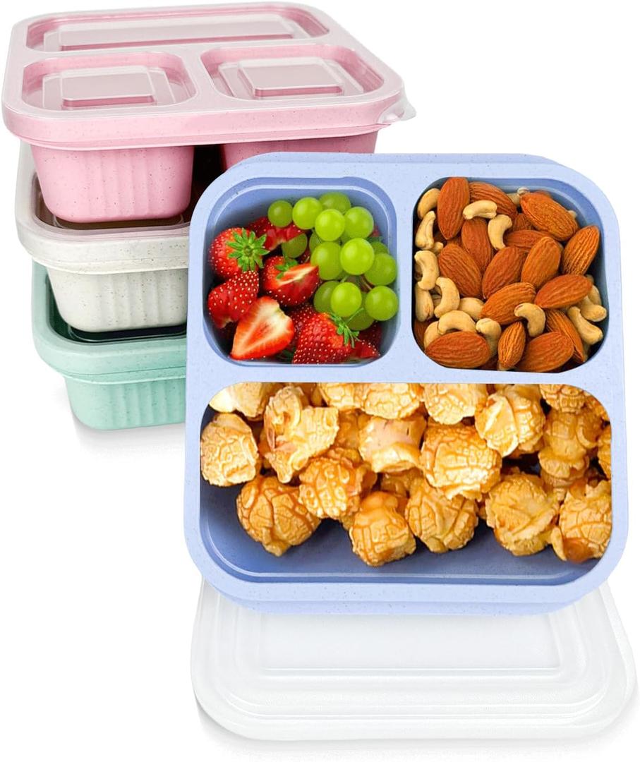 Rinwoc Bento Box [Portion Size], 3 Pack Snack Containers with 3 Compartments for Meal Prep & On-the-Go [School, Travel], Lunchable Container Reusable and BPA-Free