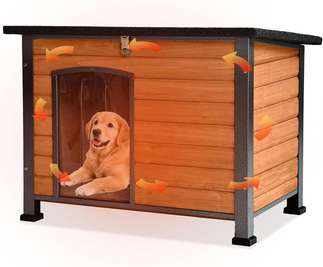 Large Outdoor Insulated Dog House Weatherproof Dog Kennel Indestructible Dog Shelter with Chew-Proof Full Metal Frame, Openable Roof for Small to Large Dog Breeds (33.5"L x 22"W x 25.2"H)
