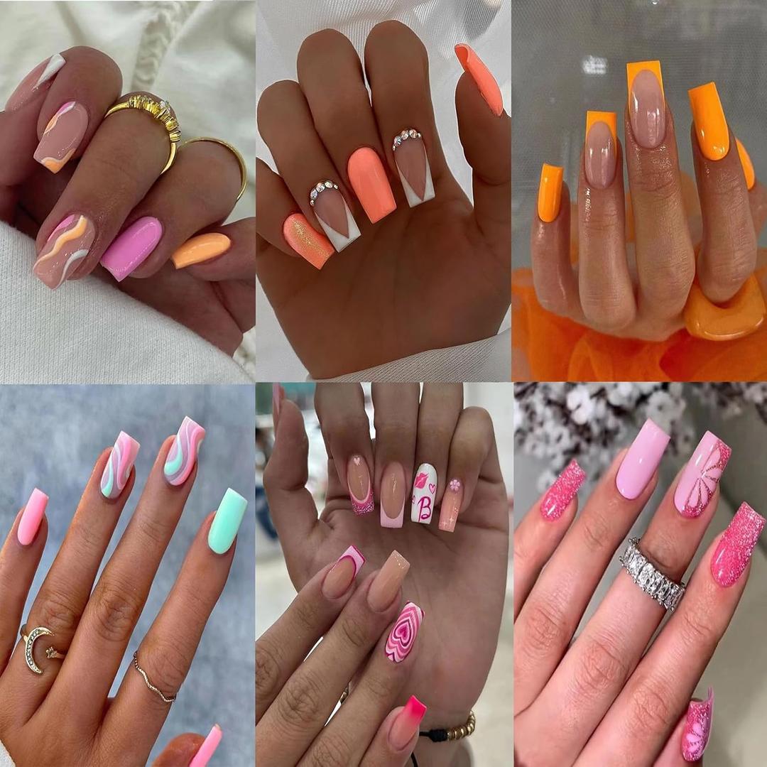 6 Packs (144pcs) Press On Nails, Jsiallye French Tip Press On Nails Short and Medium, Reusable Glue On Nails, Gel Fake Nails for Women, Stick On Nails Kit 6 styles