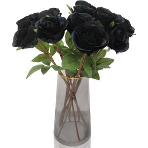 Hananona Black Artificial Roses for Flower Arrangement, 12 Pcs Silk Black Roses Bouquet for Halloween Home Decoration, Faux Black Roses for Halloween and Gothic Decoration