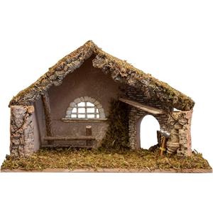VILLAGE GIFT IMPORTERS Nativity Creche Stable | 12" Tall and 19" Wide | 2 Styles | Realistic Moss Hay Wood and Fabric | Made in Italy (Saw and Sticks)