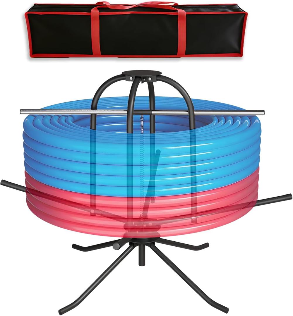 Heavy Duty PEX Pipe Uncoiler with Carry Bag & Hold-Down Bar, 500 lb Load Capacity Full Size Steel Piping Uncoiler for 3/8”–1” PEX Tubing, Foldable Radiant Floor Heating Tube Reel Dispenser