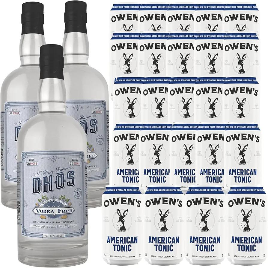 Dhōs Handcrafted Non-Alcoholic Vodka 750 ML Bottles w Pack Owen’s Mixers Tonic 8.2 OZ Cans - Keto-Friendly, Zero Sugar, Zero Calories, Zero Proof - Perfect for Mocktails - Made in USA