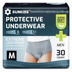 SUNKISS Super Soft Incontinence Underwear for Men, Daytime Disposable Adult Pull Ups, Mens Protective Diapers with Maximum Absorbency, Medium, Grey, 30 Count