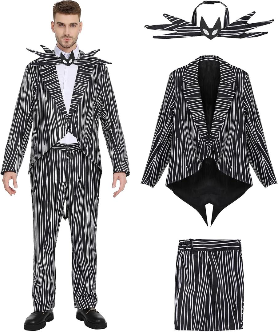 Halloween Costume Men Stripes Outfit Tail Coat Suit for Halloween Christmas Cosplay Party (Large)