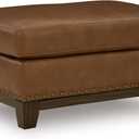 Signature Design by Ashley Brendola Transitional Leather Match Ottoman with Nailhead Trim, Light Brown