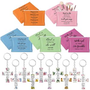 Kacctyen 50 Set Christian Makeup Bags with Keychain Christian Gifts Bulk Women Bible Verse Cosmetic Bags with Zipper Christian Cross Keychain Colorful Bags for Women Travel Organizer