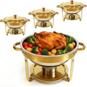 Gold Chafing Dish Buffet Set, 4-Pack 6QT 304 Stainless Steel Round Food Warmers with Lids, Water Pans & Fuel Holders for Catering, Wedding Receptions & Parties