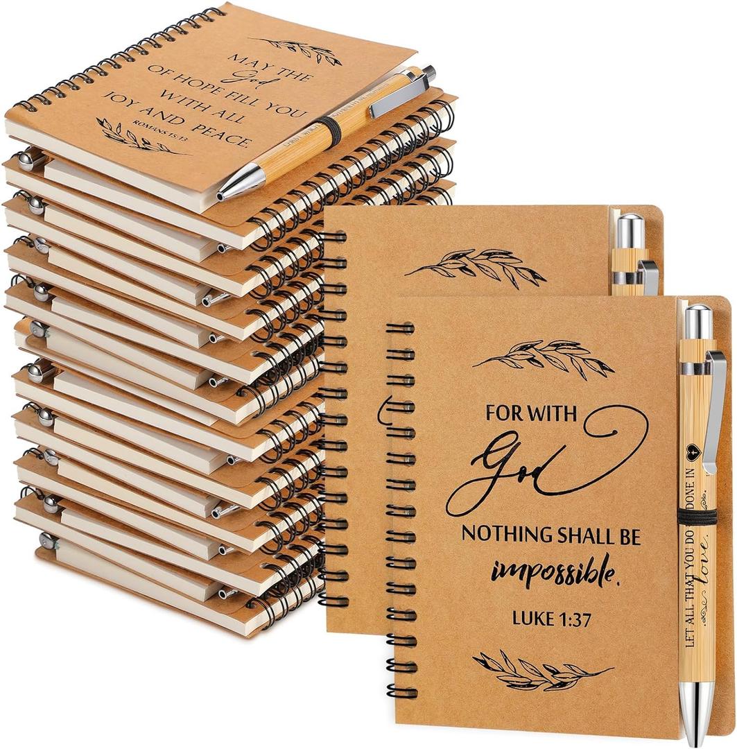Kosiz 60 Pcs/30 Set Christian Gifts Bulk Include Spiral Notebook and Bible Ballpoint Pen Christian Notebooks Religious Prayer Journal Christmas Church Gifts for Women Sunday School Family (Brown)