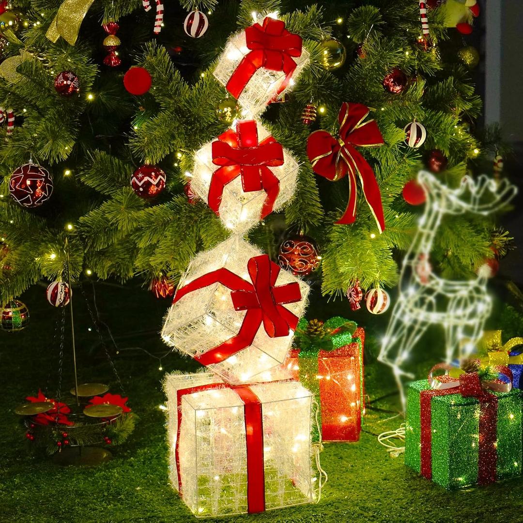 Set of 4 Lighted Gift Boxes, 3.3FT 70 LED Stackable Light Up Present Boxes for Christmas Decorations Indoor Outdoor Yard Lawn Porch Home Decor(4 Piece Set)
