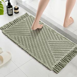 H.VERSAILTEX Waffle Bath Mat Super Absorbent Boho Bath Mat Non Slip Bath Rugs for Bathroom Floor Machine Washable Dry Fast Bathroom Rugs with Handmade Tassels, 17" x 24", Sage