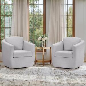 COLAMY Swivel Accent Chair, Round Upholstered Swivel Barrel Armchair Metal Base Fabric Chair Modern No Assembly Sofa Chair for Living Room Bedroom Reading Apartment Nursery, Light Grey