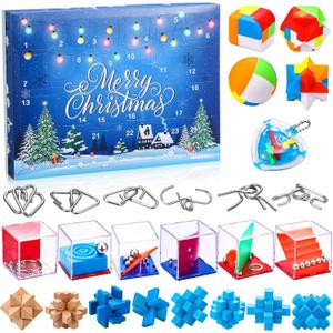 Leitee Brain Teaser Advent Calendar 2025 Metal & Wood 24 Days of Christmas Countdown Calendar Gift Brain Teaser Puzzles Metal Wire Puzzles IQ Test Challenge for Teens Adults