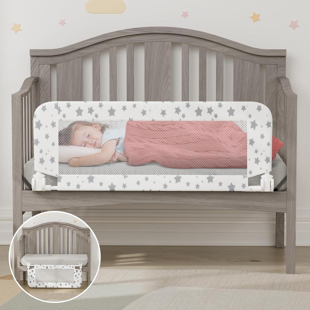 Crib Rail Guard for Toddlers - 35.3" Toddler Bed Rails Convertible Safety Side Protector Swing Down Mesh Breathable Bed Barriers White Anchor Safety with Reinforced