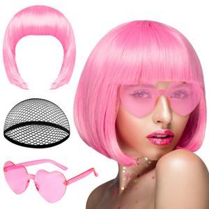 PLULON
Bright Pink Bob Wig with Heart Sunglasses and Hair Cap for Women, Short Bob Wigs Synthetic Colored Funny Cosplay Hairpieces for Women Men Daily Bachelorette Halloween Costume Party Decorations