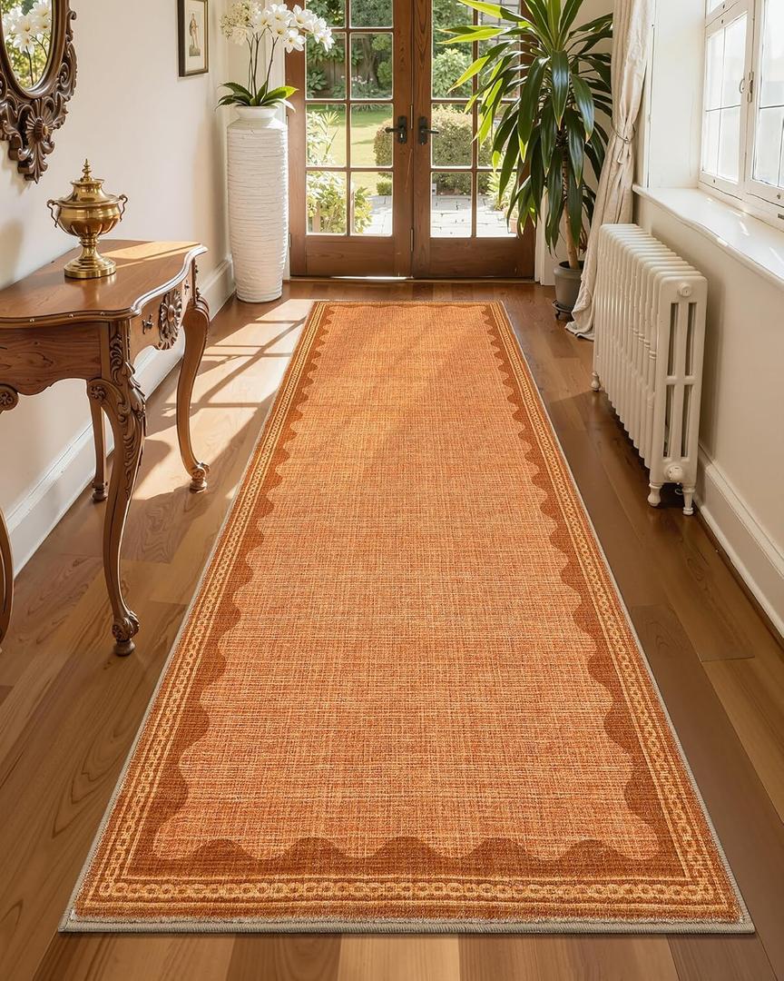 GarveeHome Scalloped Orange 2.5x8 Runner Rug for Hallway Washable Kitchen Rugs Non Slip Solid Modern Soft Low-Pile Indoor Carpet for Entryway Laundry Room Floor Mats TPE Backing