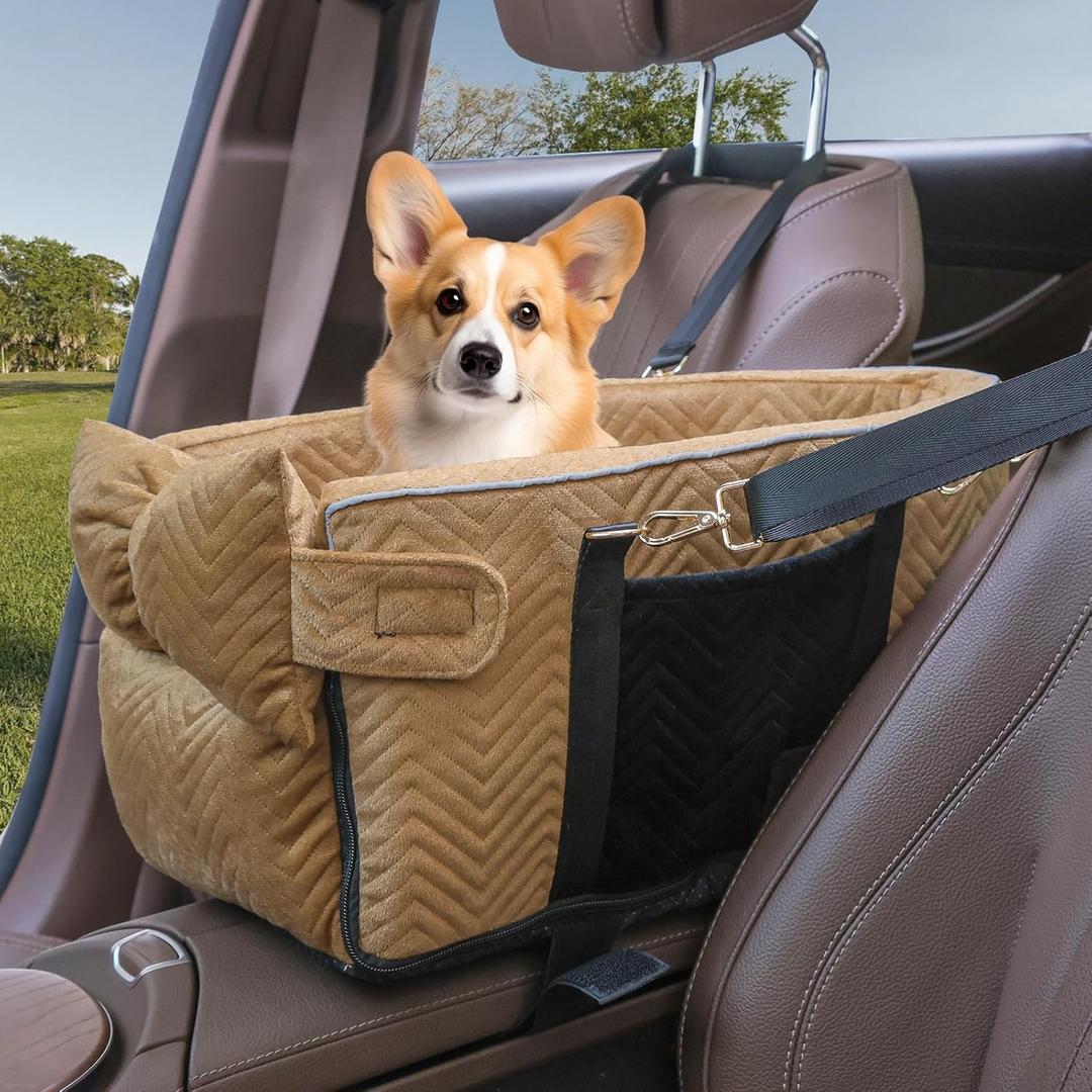 Prpeko Small Dog Car Seat, Portable Dog Seat with Soft Washable Cushion, Center Console Dog Car Seat for Small Dogs Up to 13lbs(Brown)