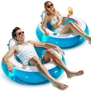 QPAU Inflatable Pool Float 2 Pack | Backrest & Armrest Support Water Float Chair | 44” Lounger Float with 1 Cup Holder | Cooling Outdoor Inflatable Pool Chair | Summer Water Play Party
