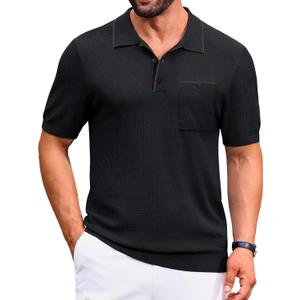 Cotrasen Mens Casual Knitted Polo Shirts Short Sleeve Collared Knit T Shirts Summer Golf Shirts with Pocket (X-Large, Black)