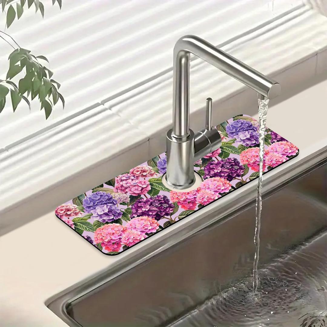 Colorful Hydrangea Sink Splash Guard Faucet Mat Purple Pink Hydrangea Super Absorbent Fast Drying Mat Sink Gadgets-Splash Guard Behind Faucet Drip Catcher for Kitchen Bathroom, 15.5"x5.5"