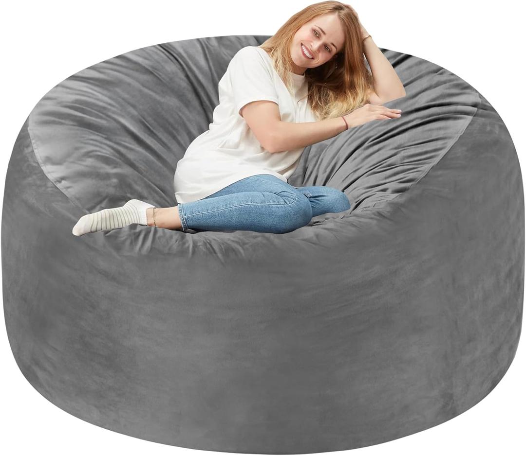 Homguava 5FT Bean Bag Chair Giant BeanBag with Memory Foam Filled, Comfy Bean Bag Chairs for Adults, Adult Bean Bag Chair with Dutch Velvet Cover for Living Room Bedroom-Grey (5FT-50"x50"x24")